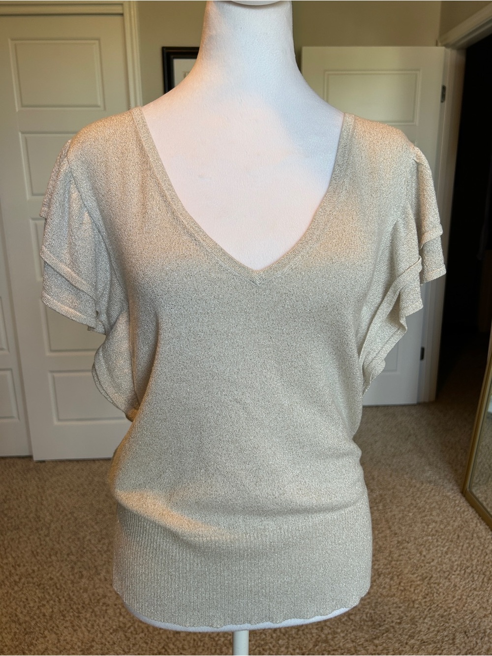 EXPRESS Sparkly Gold V-neck Short Sleeve Top with Ruffle Sleeves Size Medium